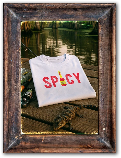 A framed photo of a Louisiana Hot Sauce t-shirt with the word Spicy printed on it